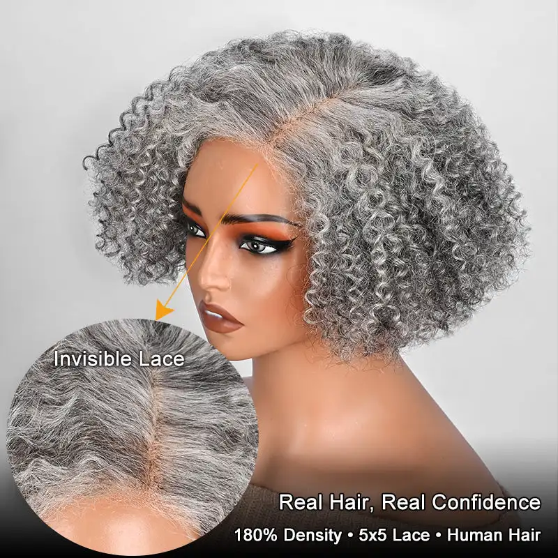 Parrucca grigia riccia Jerry corta Parrucche in pizzo senza colla per capelli umani con sale e pepe reali per donne mature ed eleganti Parrucca Bob con onda profonda