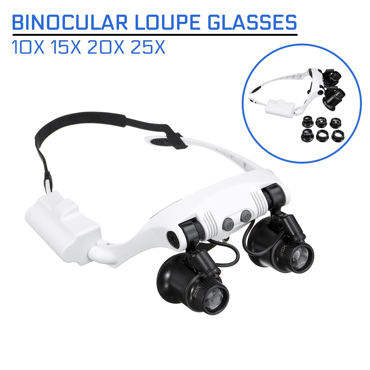 Magnifier 10X 15X 20X 25X LED Double Eye Glasses Loupe Lens with 8 Lens LED Lamp Professional Jeweler Watch Repair Measurement