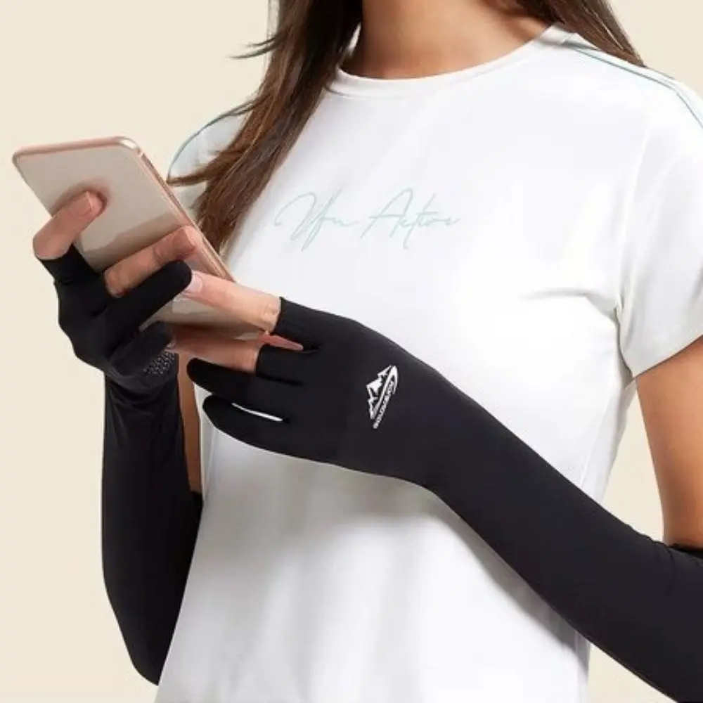 Thin Men Ice Silk Sleeves Two Fingers with Exposed Breathable Summer Long Arm Covers Quick Drying Non-Slip Anti-UV Arm Sleeves