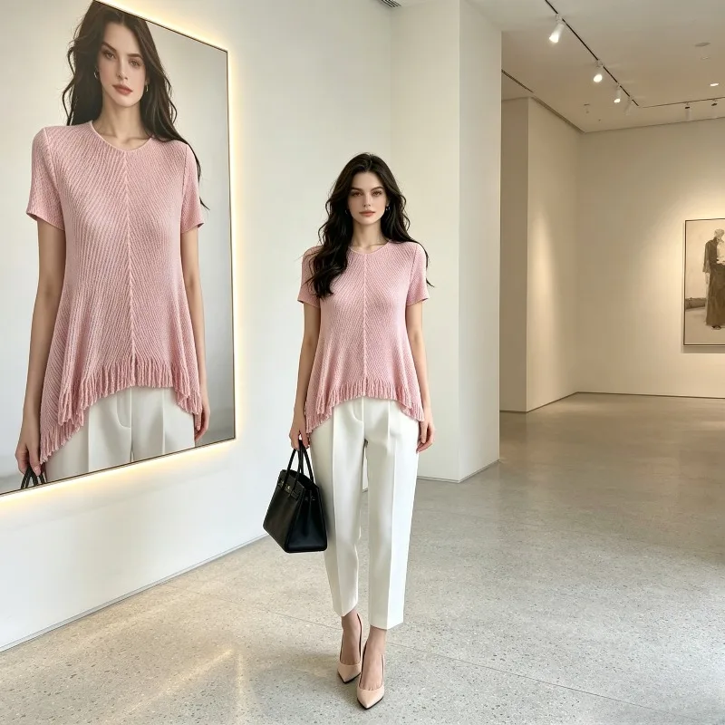 Miyake Pleated Tassel Pleated Top for Women Short Sleeve Summer New Women's Fashion Versatile Loose T-Shirt High-End Feel Pleat