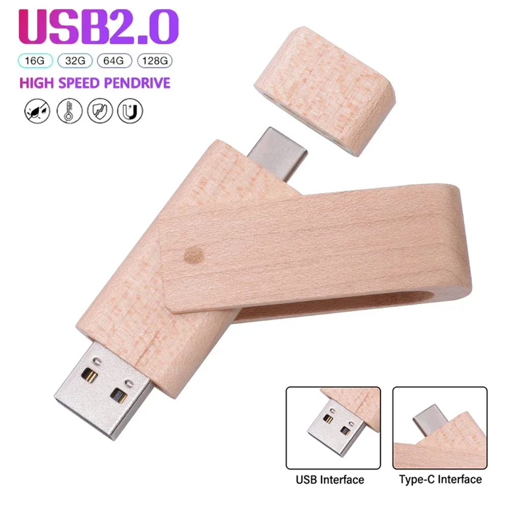 

TYPE-C 2 in 1 USB Flash Drive 128GB Rotatable Pendrive 64GB Maple Walnut Wood Pen Drive 64GB Business Gift Memorias Usb 32GB