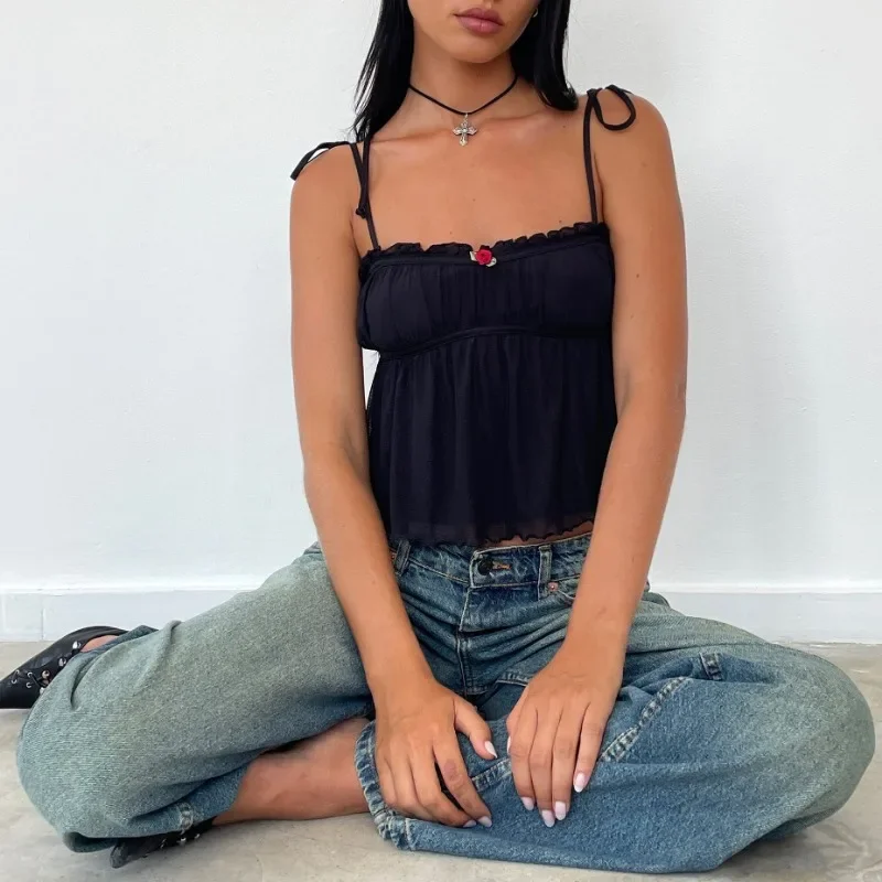 Fashionable Retro Women's Ruffled Edge Patchwork Sleeveless Lace Up Vest with Bow and Pleated Summer Mini Vest Party Top YDL11