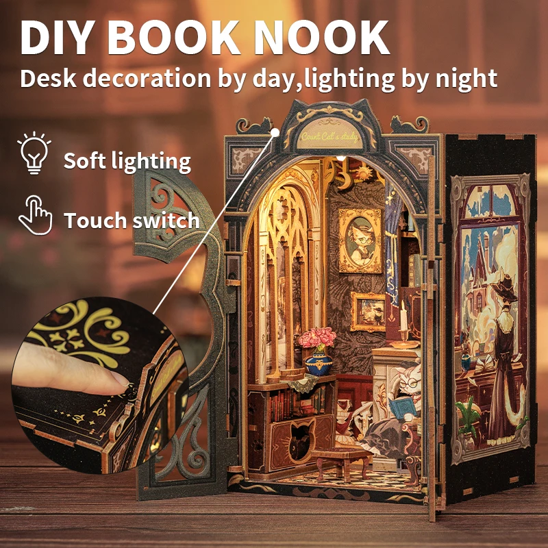 CUTEBEE Booknook Kit DIY Doll House with LED Light Bookshelf Insert Birthday Party Gifts For Count Cat Study