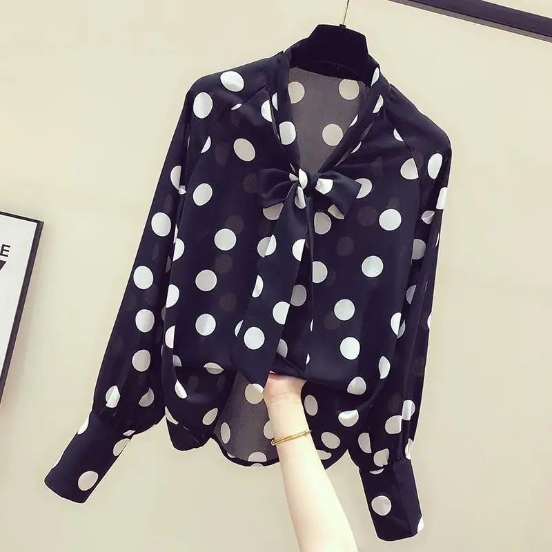 Blouse Women Polka Dot Chiffon Shirt Women\'s Spring  Autumn Retro Girl Long Sleeve Loose Top Blusas Mujer De Moda