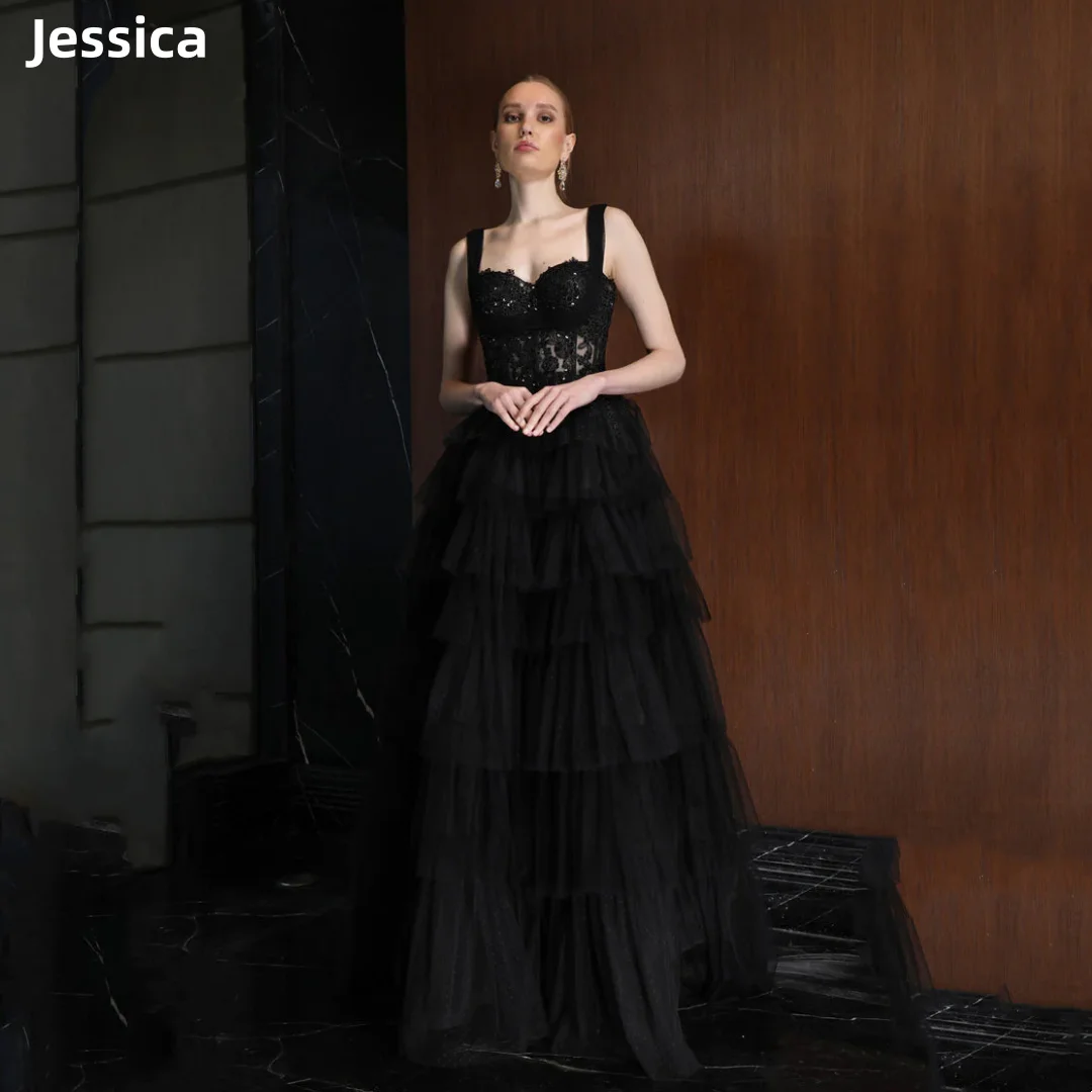 

Jessica A-shape Black Wedding Dress Luxury Tulle Layered Embroidery Prom Dresses Elegant Evening Dresses Vestidos De Fiesta