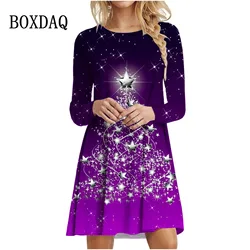 Shiny Stars Christmas Tree Print Dress Elegant Women Fashion Long Sleeve Loose Dress 2023 Autumn Winter Casual Party Mini Dress