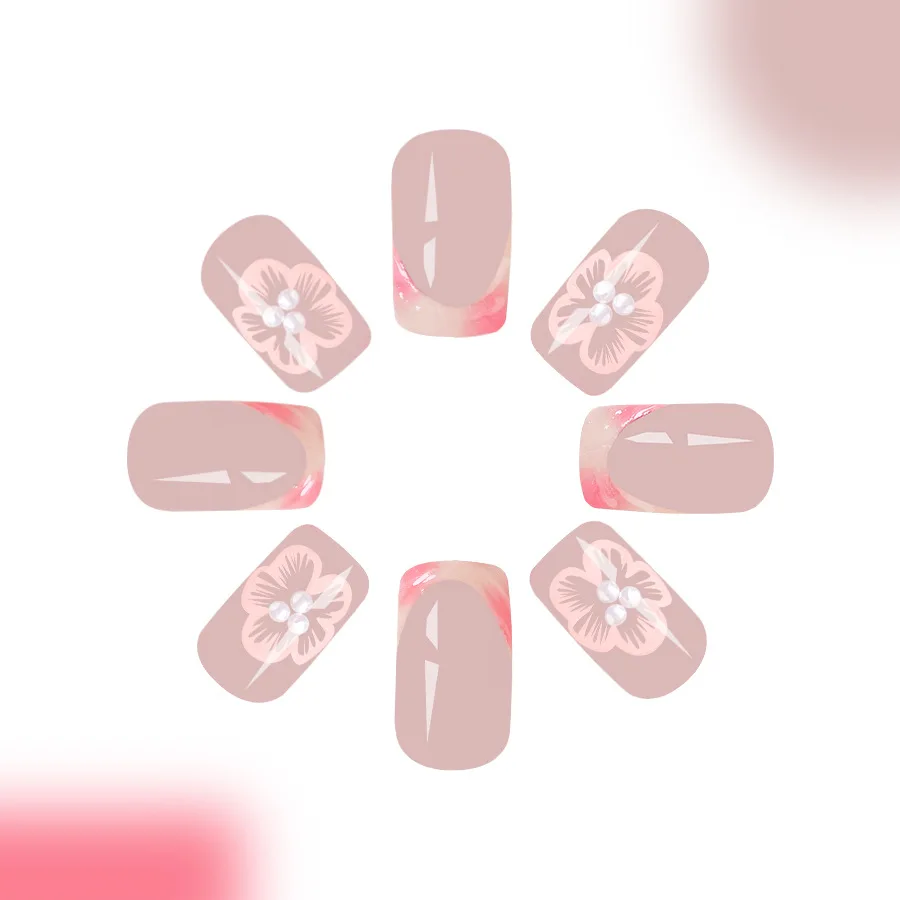 24Pcs Short Square Press on Nail French Relief Flower Pearl Fake Nails for Women and Girl Detachable Wearable Nail Art