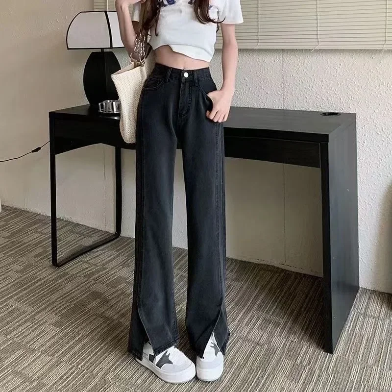 Jeans coreani da donna con spacco frontale vintage retrò tutto-fiammifero street style casual tasca primaverile vita alta trendy solido basic dritto