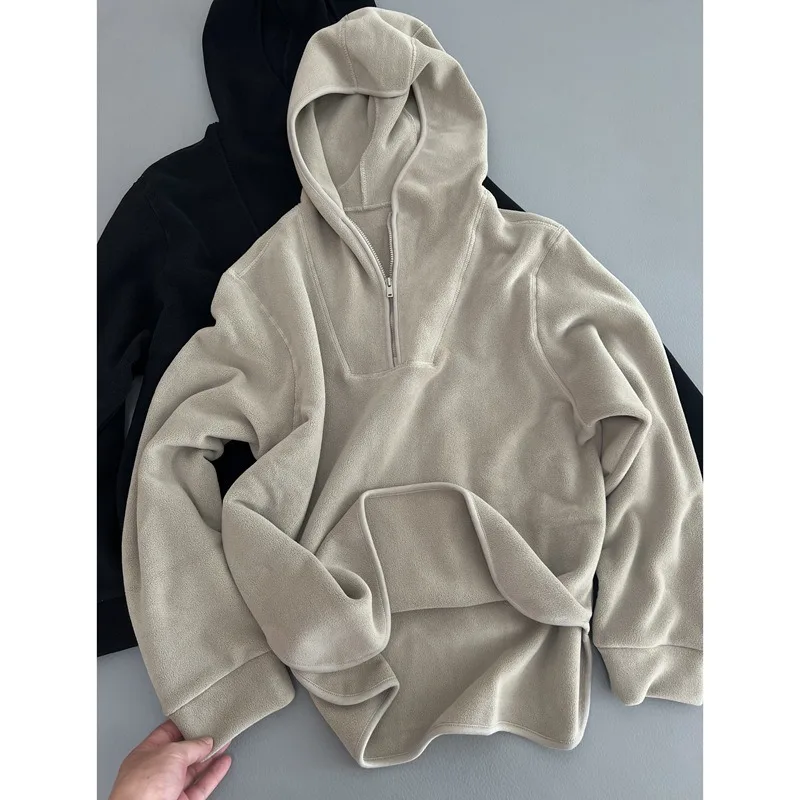 

American Style Hooded Loose Hoodie with Half Zipper Placket Long Sleeved Casual Pullover Top Autumn Fleece Sweater