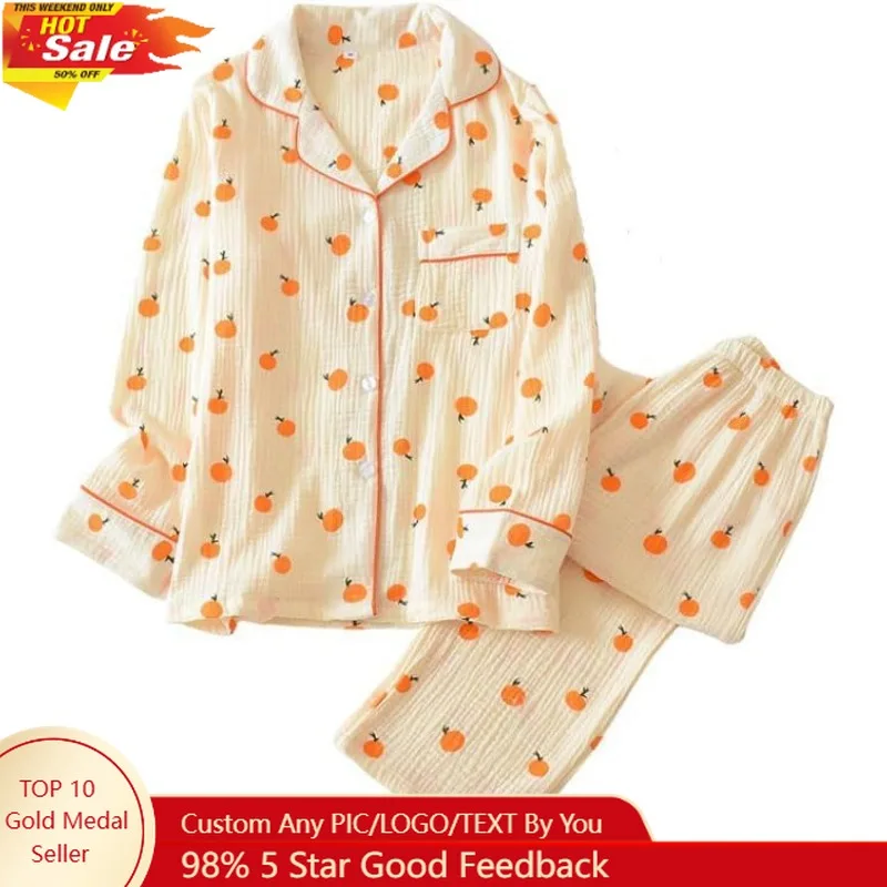 

Womens Cotton Gauze Pajama Set Long Sleeve Button Up Shirt and Pants 2 Piece Cute Printed Pj Set