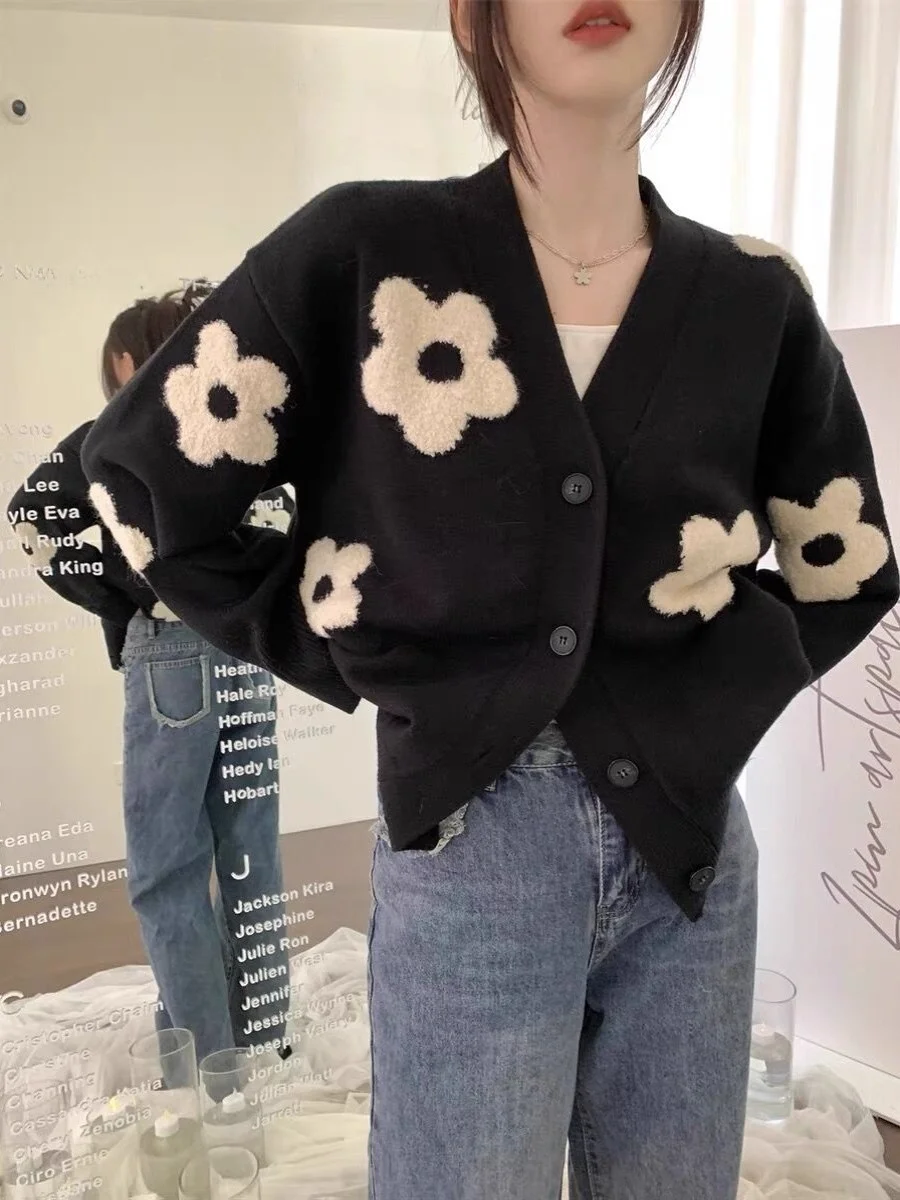 

Laid-ba Sle женский вязаный свитер пальто Long Sve V-ne теплый кардиган весна осень зима с цветочным принтом 3D вязаный кардиган