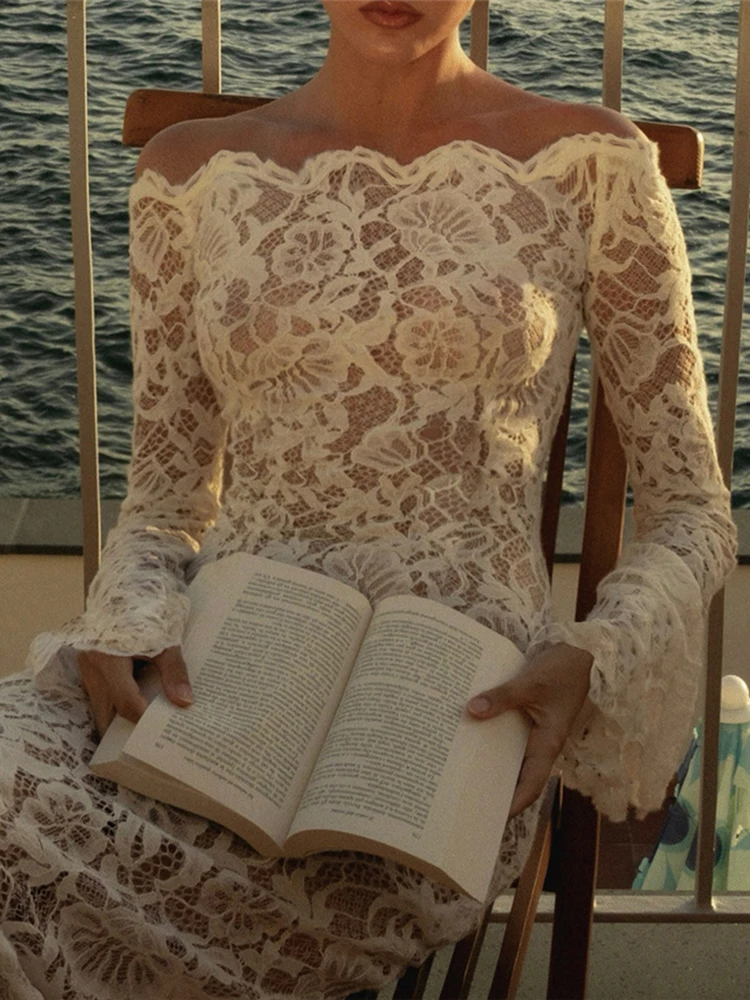 Weird Puss Sexy Jacquard Mesh Dress Women Wave Slash Neck Flare Sleeve Lace Elegant Evening Birthday Prom Party Skinny Bodycon