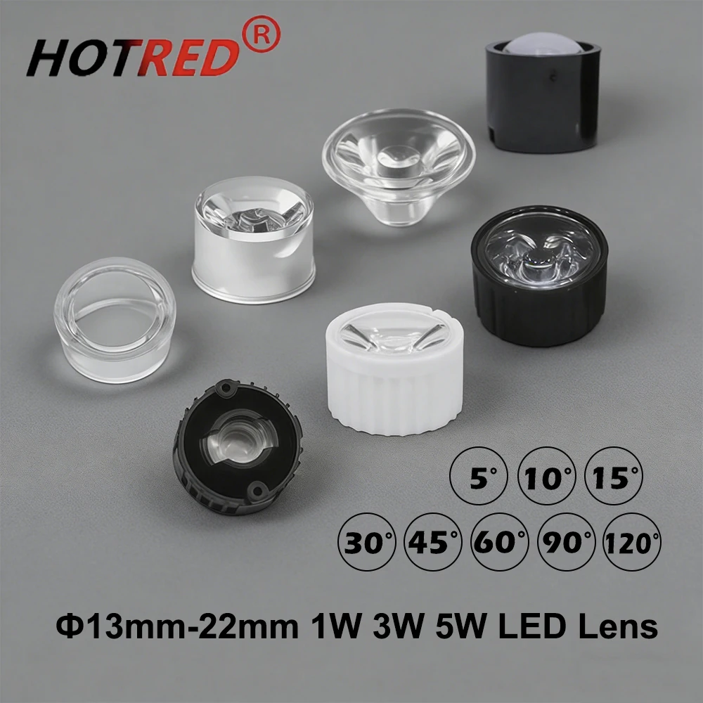 100 Stück LED-Linsen 1W 3W 5W 13/15/20/22mm 5 8 10 15 25 30 45 60 90 120 Grad Linsen für DIY Wandbeleuchtung Lampe Konvexer Reflektor