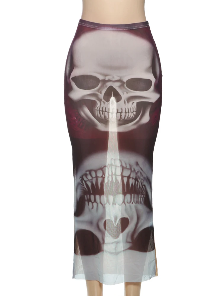 แปลก Puss ดูผ่านกระโปรงผู้หญิง 2025 ฤดูร้อน Skulls พิมพ์เซ็กซี่ผอมยืด Wild Basic Clubwear Midnight กระโปรงยาว