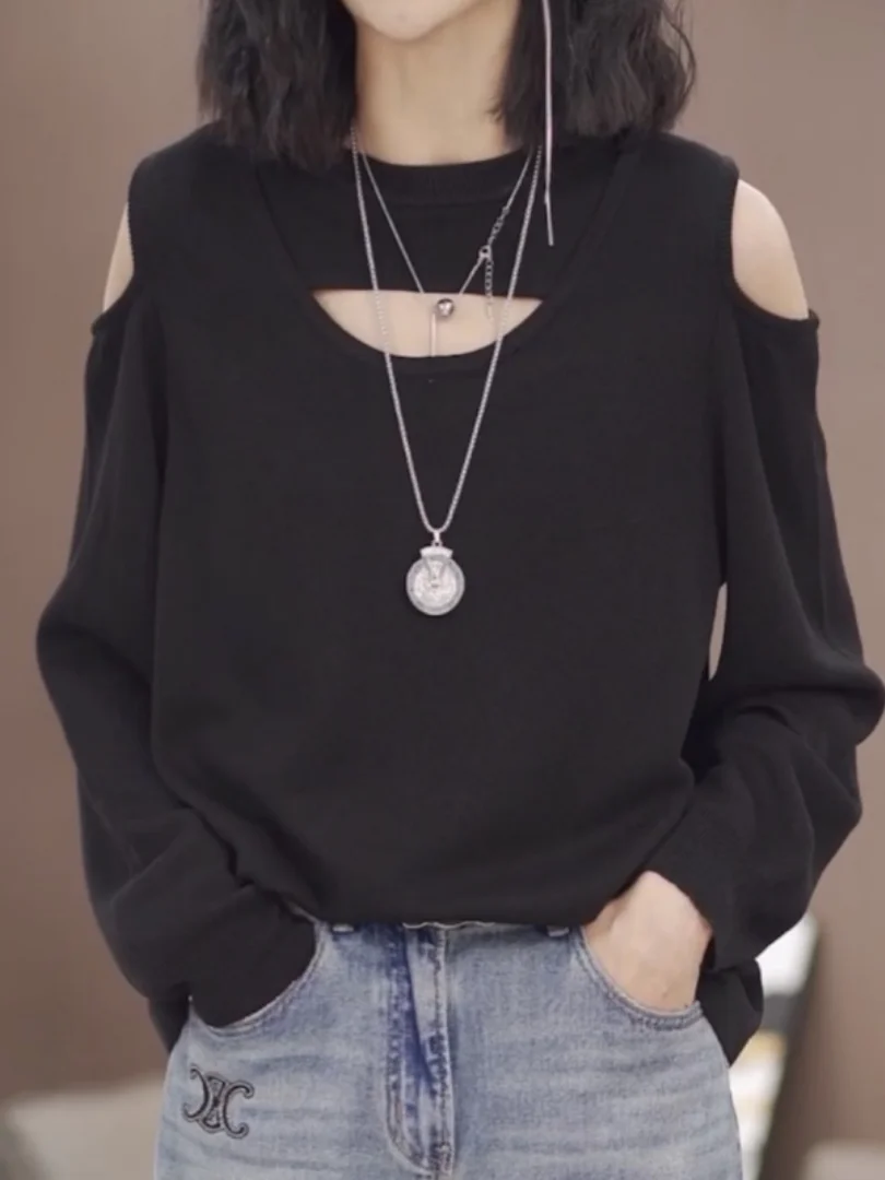 

Early Autumn Striped Splicing Shoulder Bared Knitwear Extra Large Size Long Sleeve Fashionable Versatile Overhead Top for Women