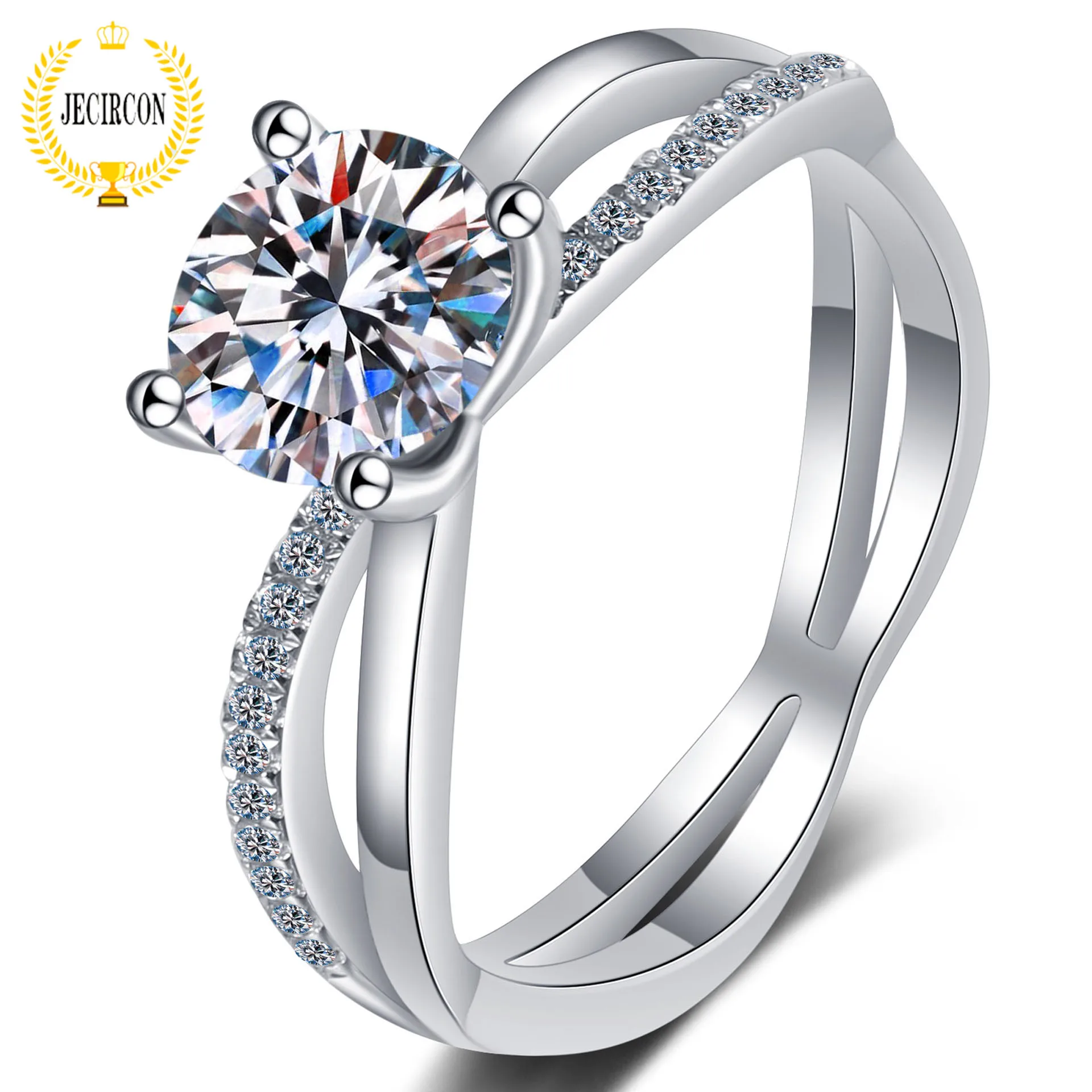 

JECIRCON 1 Carat Moissanite Ring for Women Double-layer Cross Simple 4-claw Diamond Band 100% 925 Sterling Silver Accessories