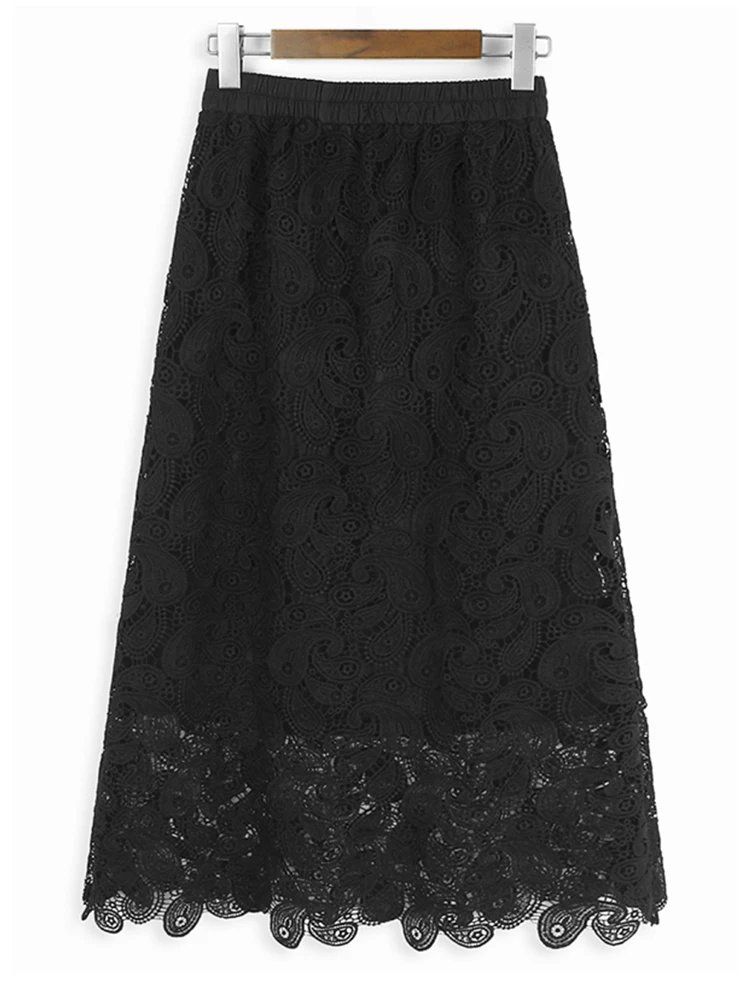 High Elastic Waist Black Lace Hollow Out Elegant A-line Half-body Skirt Women Fashion Tide New Spring Autumn