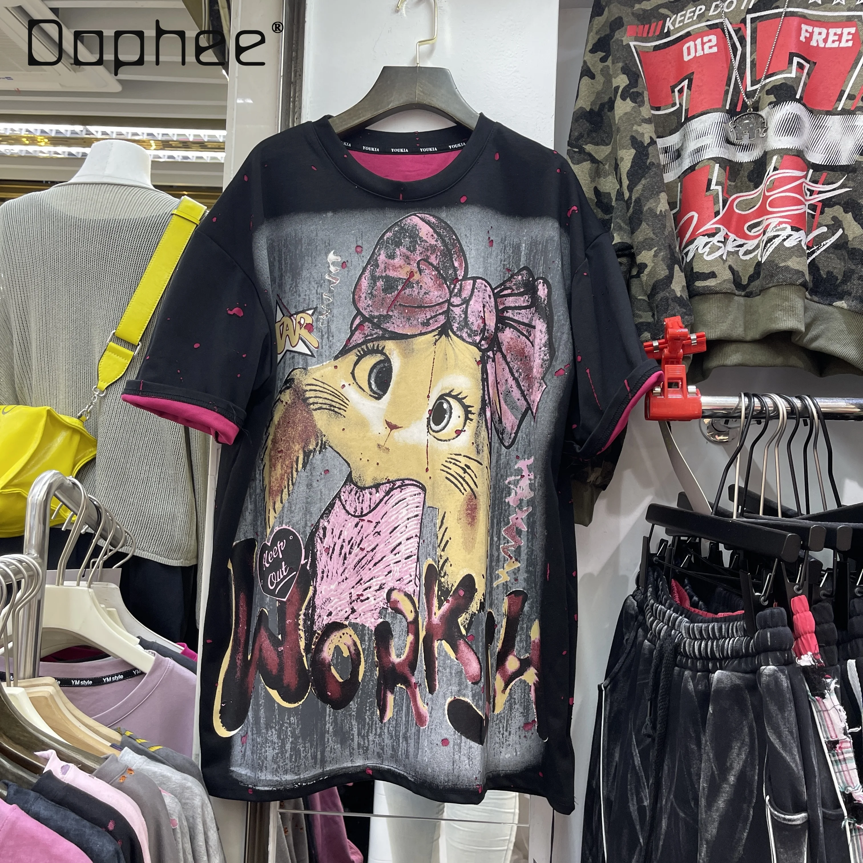 

2025 Autumn New Loose Cartoon Print Short Sleeve T-Shirt for Women Mid-length Round Neck Oversized Tee Black Tops