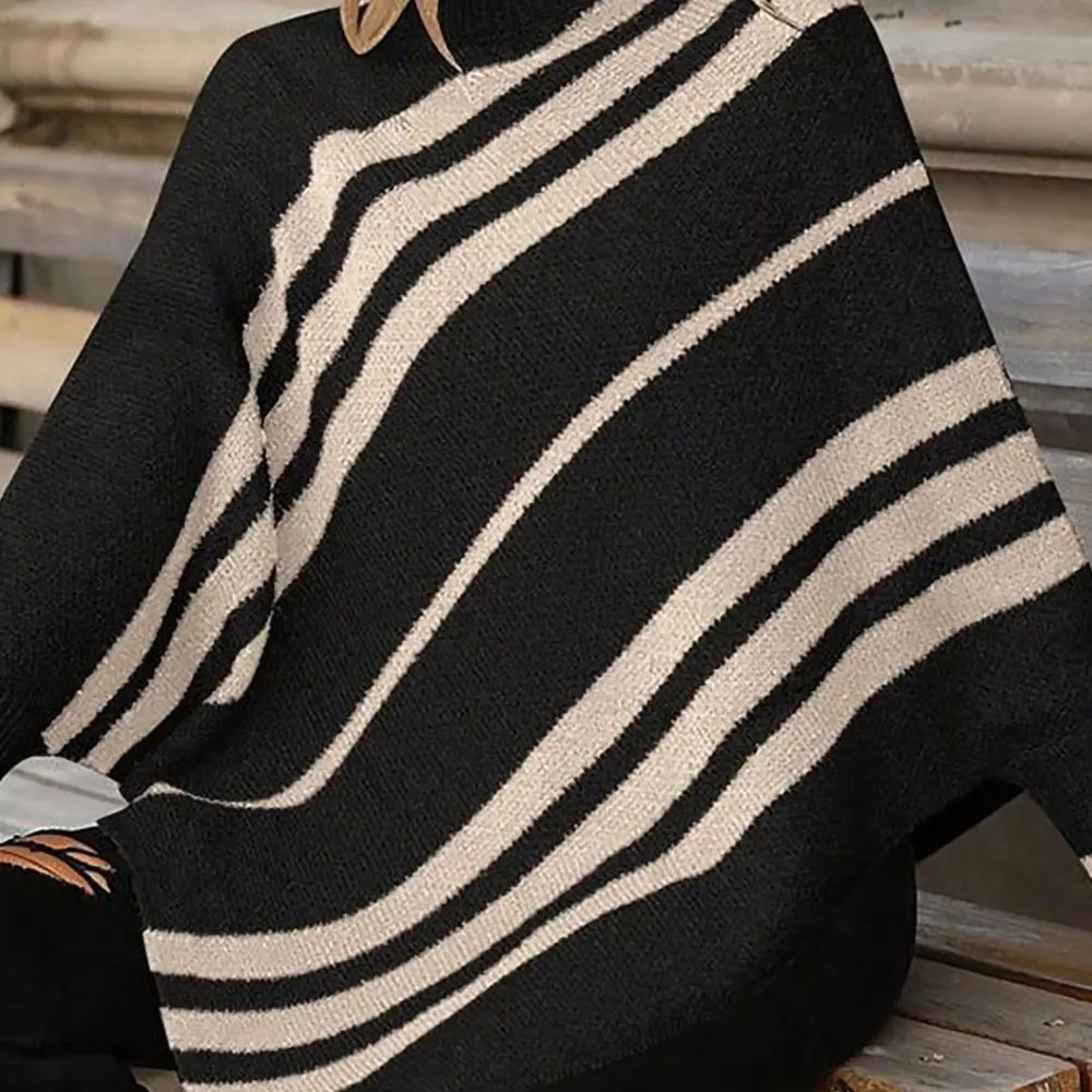 Losgebreide trui met vleermuismouwen, halfhoge kraag en sjaalkraag, kleurblokontwerp, damesmode bovenkleding