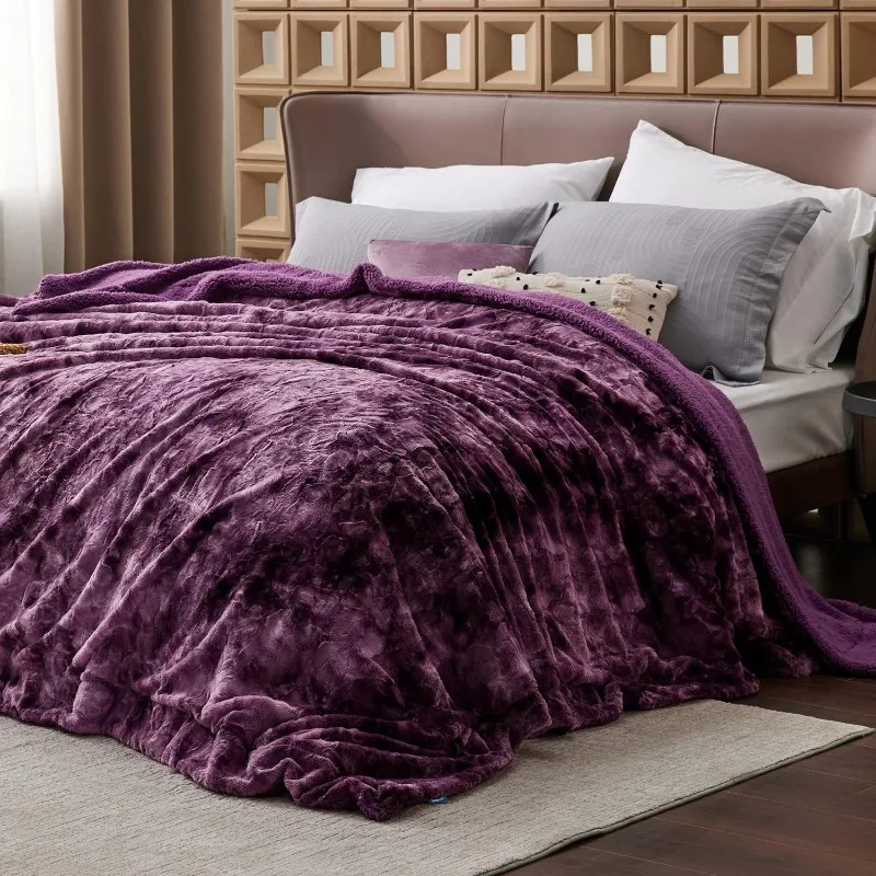 Bedsure Fuzzy Blanket Queen Size - Purple, Soft, Plush and Furry Faux Fur, Reversible Queen Blankets for Bed, 90x90 Inches