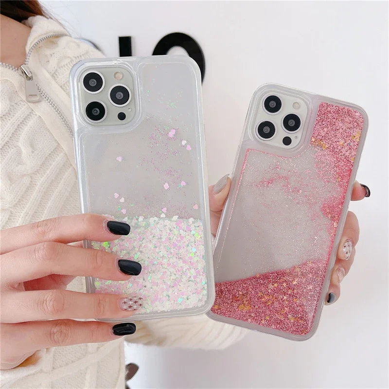 

Liquid Soft Silicone Phone Case for iPhone 13 14 16 Pro Max 15 Plus Cover Glitter Quicksand Water Coque Heart Float Sequins Capa