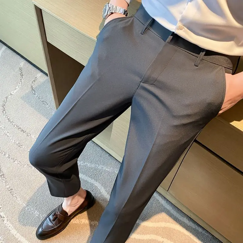 

Men's Gray Slim-Fit Cropped Dress Pants Formal Office Trousers Wrinkle-Resistant Fabric Casual Daily Business Pants