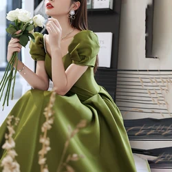 Summer Tmperament Evening Dress Design Sense Green Waist Puff Sleeve Long Dress Simple Party Women's Clothing