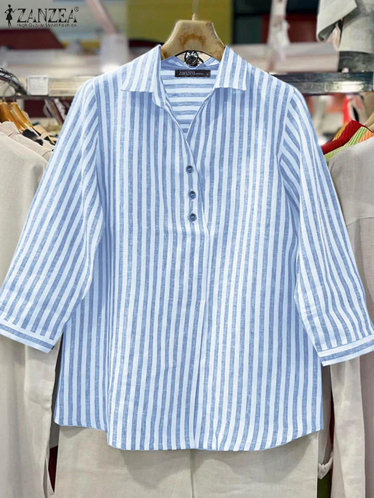 

2025 ZANZEA Autumn Office Striped Shirts Fashion Women Blouses Lapel Neck 3/4 Sleeve Blusas Casual Buttons Tops Loose Chemise