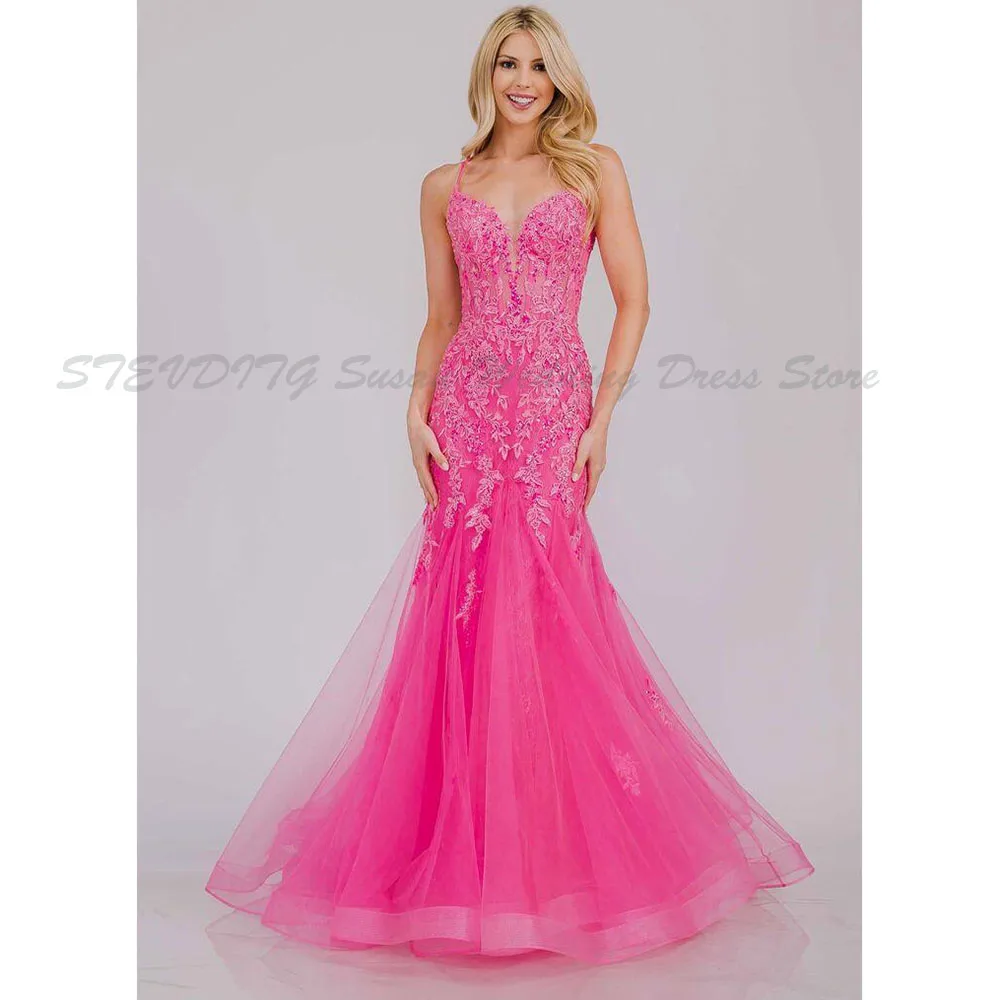 

Spaghetti Strap Prom Dresses Trumpet V Neck Sweep Train Floor Length High Quality Gauze Beach Sunnny Energetic Female Gowns