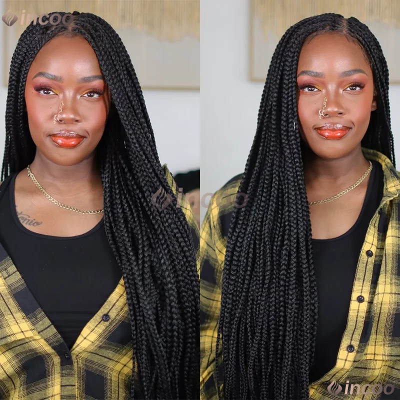 Peruki z przezroczystą koronką, warkocze typu cornrow o długości 36 cali dla kobiet, bezszwowe warkocze typu box braids, czarna peruka afrykańska, syntetyczna peruka na wyprzedaży.