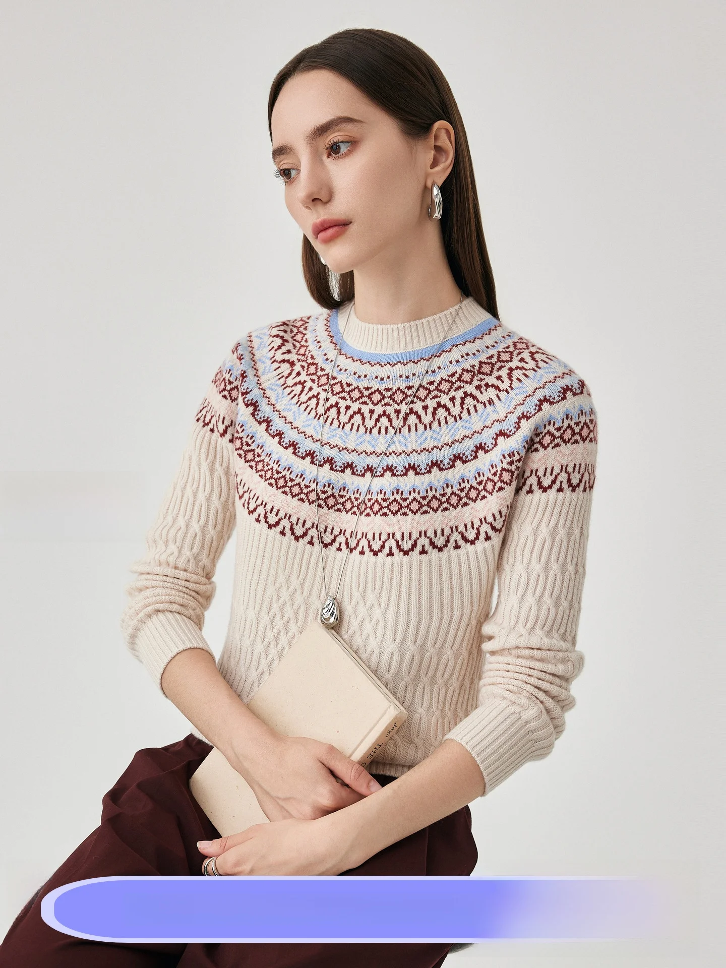 

Thiened Knitted Wool Sweater round Ne Fair Isle Knitwear Retro Sle Women's Faion Commute Sle Straight Cut Long Sve