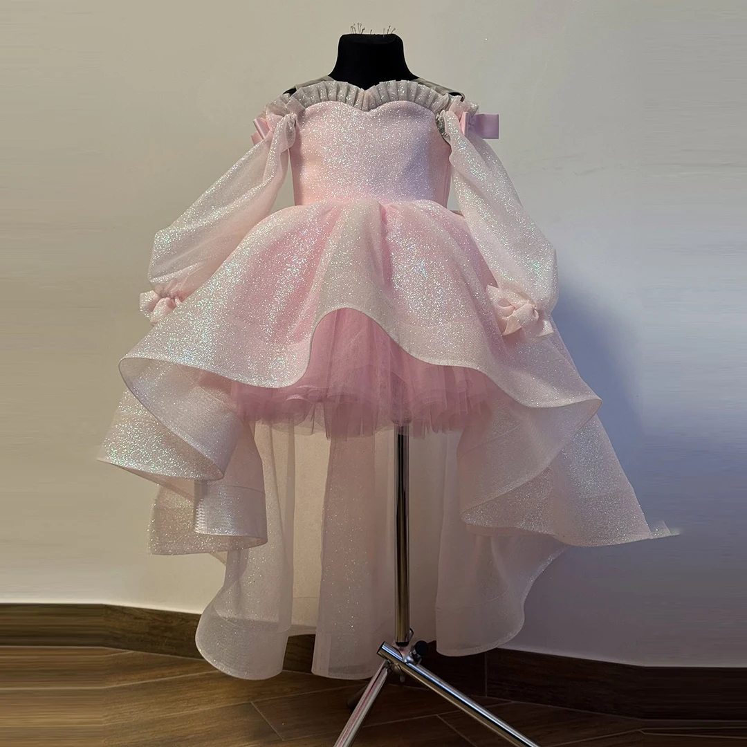 

Glitter Pink Girls High Low Ball Gown Little Girl Tutu Dresses Baby Kids Ruffle Organza Mesh Wedding Birthday Party Vestidos