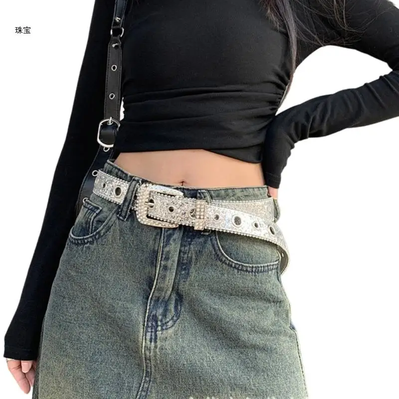 

X5QE Pin Belt for Women Girl Glittering WaistBand Female Casual Shorts Belt 2000s Cowgirl Waiststrap