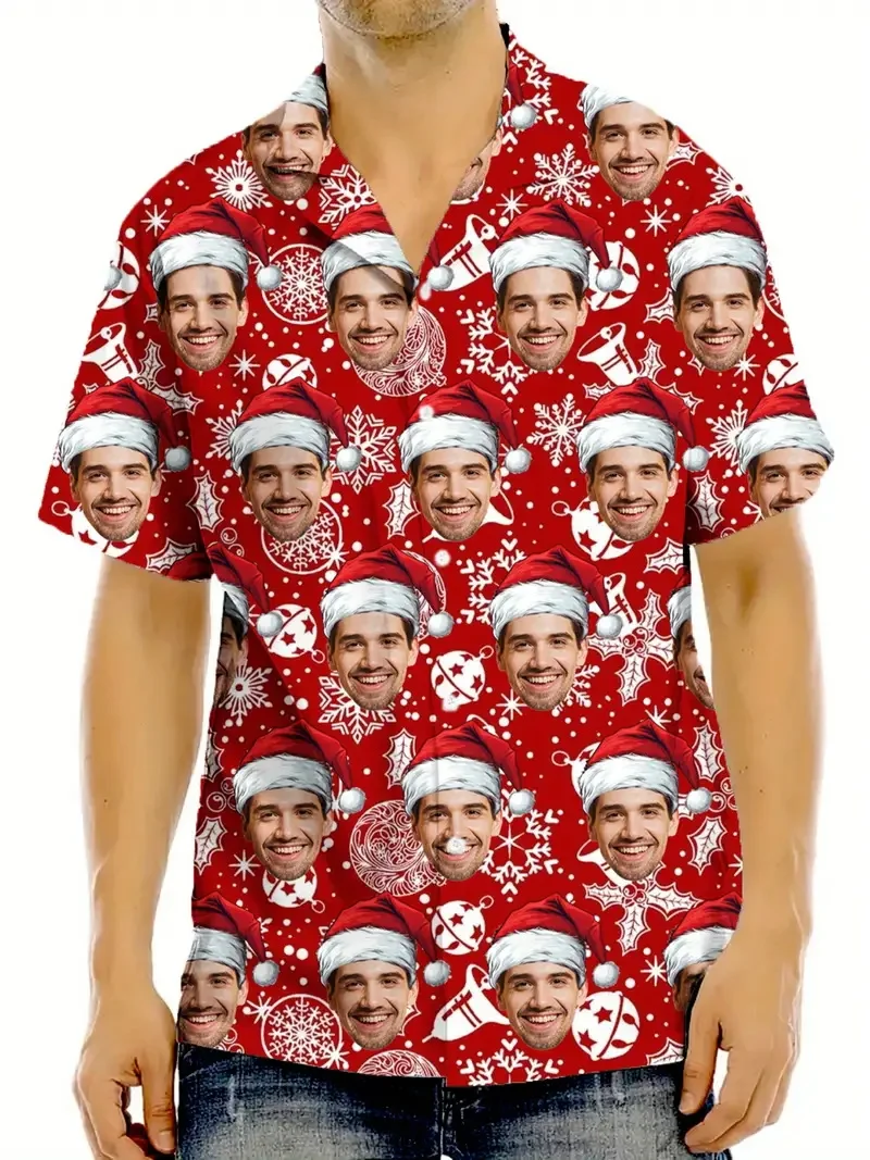Camisas havaianas com foto personalizada para homens e mulheres, design tropical personalizado de Natal com chapéu de Papai Noel, camisa de praia com botão de rena