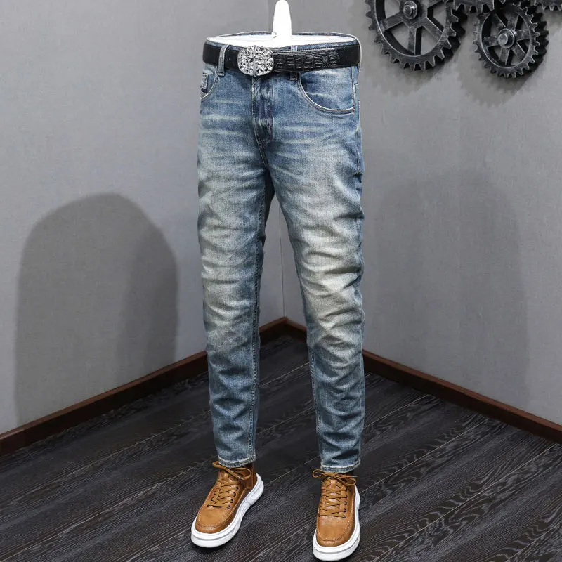 Italian Style Fashion Men Jeans Retro Washed Blue High Quality Stretch Slim Fit Ripped Jeans Men Vintage Designer Denim Pants