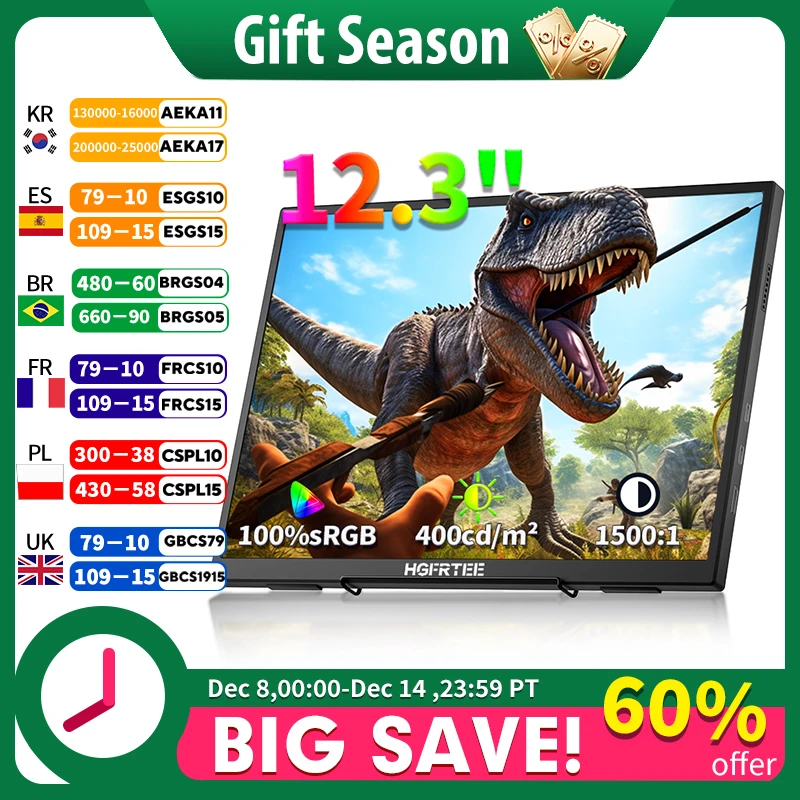 

HGFRTEE 12.3inch Portable Monitor 3:2 400Cd/m² 100%sRGB second screen Gaming Extended Display for Mac Phone PS5 Xbox Switch