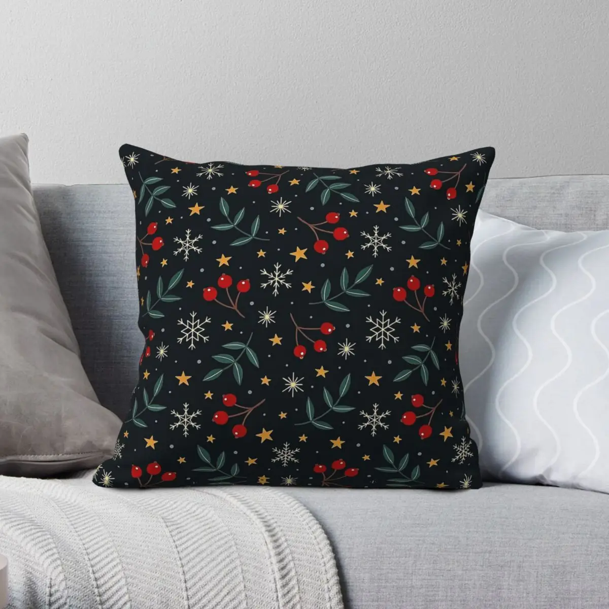 Winter Magic Snowflakes Berry Square Pillowcase Polyester Linen Velvet Creative Decorative Throw Pillow Case Sofa Cover 45x45