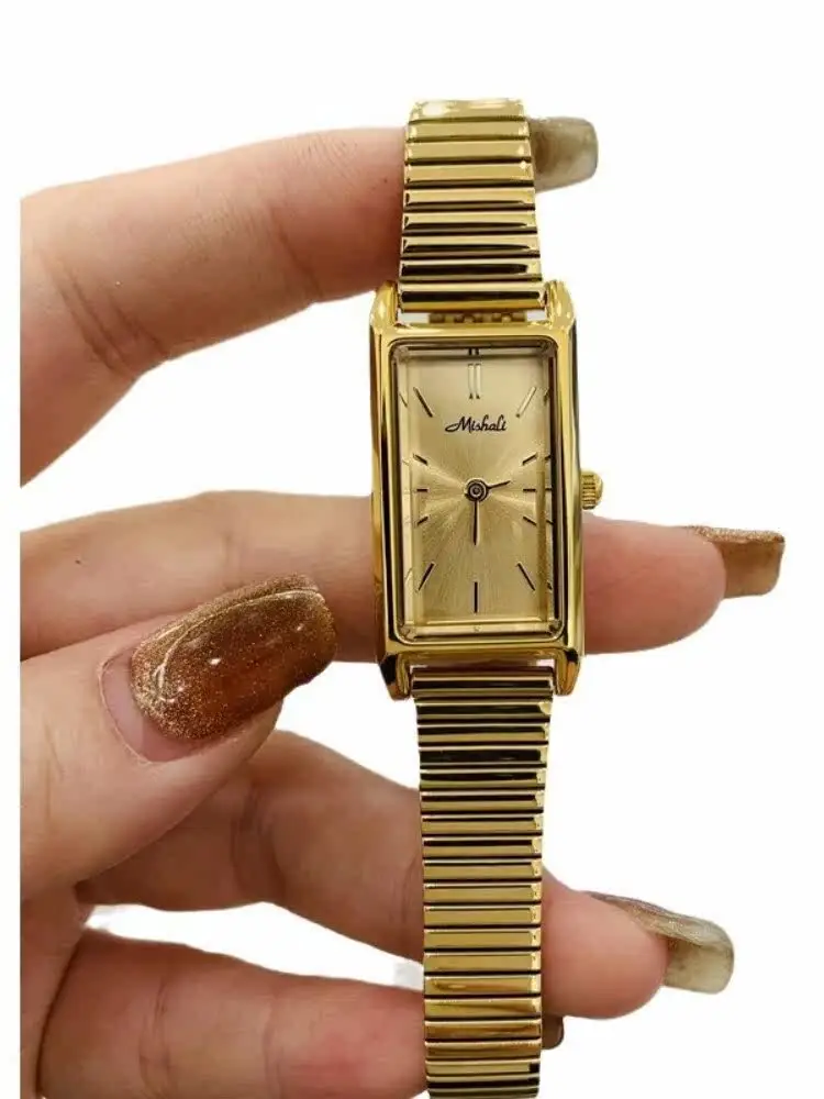 New Gold Watch, Rectangular, Simple Design With Bamboo-Shaped Steel Strap, Vintage And Retro Style, A Perfect Gift For Women.