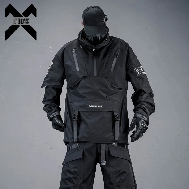 2026 Men Tactical Jackets Techwear Functional Pullover Windbreaker Hooded Coats Hip Hop Streetwear Multi Pockets Clothes Black