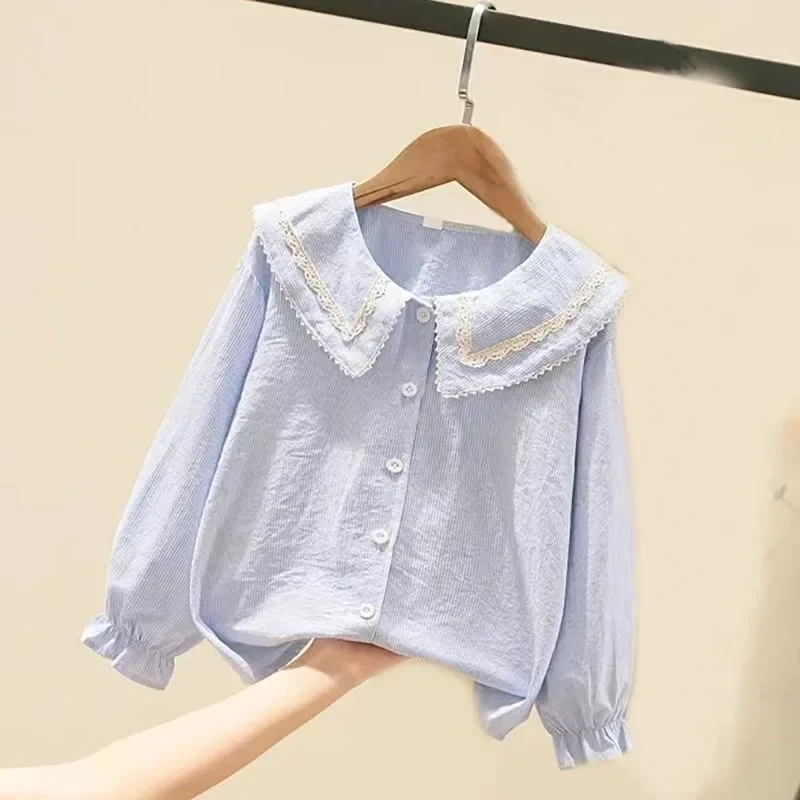 Girl's Cotton Lace Trimmed Striped Shirt Spring Autumn Casual Blouse Kids Clothing Layering Tops Comfy Breathable Underlayer