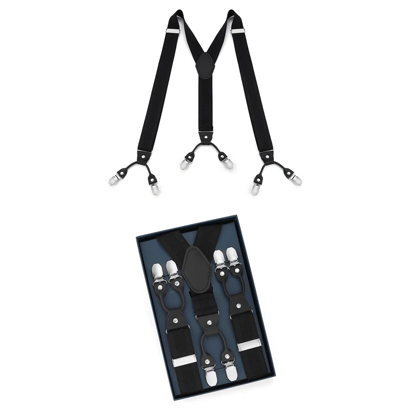 ชุดสูทสไตล์อังกฤษสำหรับผู้ชายแบบย้อนยุค กางเกงคุณภาพสูงกันหล่น สายเอี๊ยมหนังสีขาวบริสุทธิ์แบบหกคลิปกันลื่น