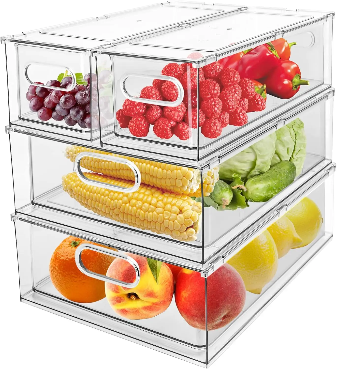 4 Pack Refrigerator Organizer Bins with Pull-out Drawer Stackable Clear Fridge Drawer Organizer Fruit Vegetable Storage Containe