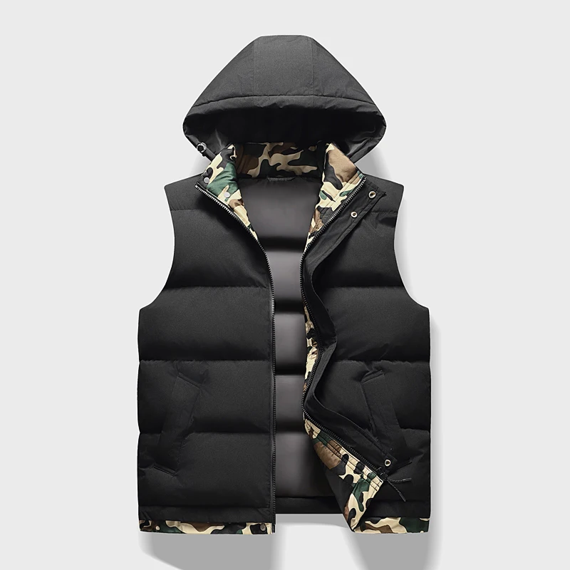 

Men's Autumn Winter Down Vest Fashion Men Camouflage Waistcoat Warm Hooded Jackets Male Cotton-Padded Thicken Windproof Vest