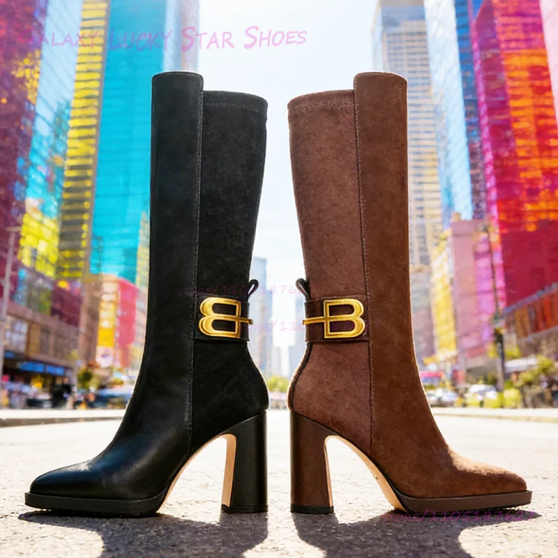 البني الجلد المدبوغ معدن إلكتروني مشبك التمهيد سترتش النساء المرقعة الأسود الركبة الجوارب حذاء بكعب سميك الفتيات الكاحل حزام التفاف الأحذية