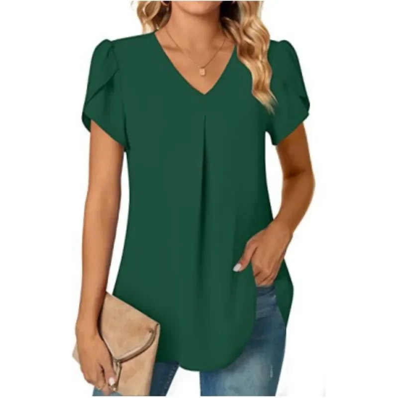 

Elegant Women's Tops Blouse White Spring Summer Fashion Simplicity Short Sleeve Solid V-Neck Commuter Office Female Shirt S-XXL