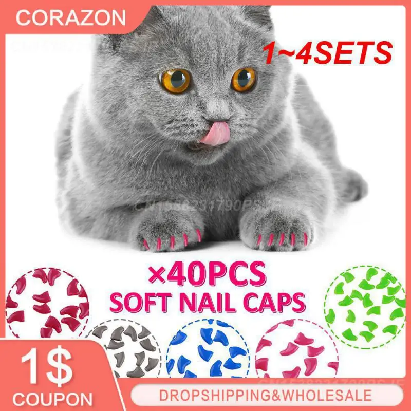 1~4SETS Soft Cat Nail Caps Fashion Cat Nail Cover Pet Claw Silicon Nail Protector With Free Adhesive Glue And Applictor Size XS