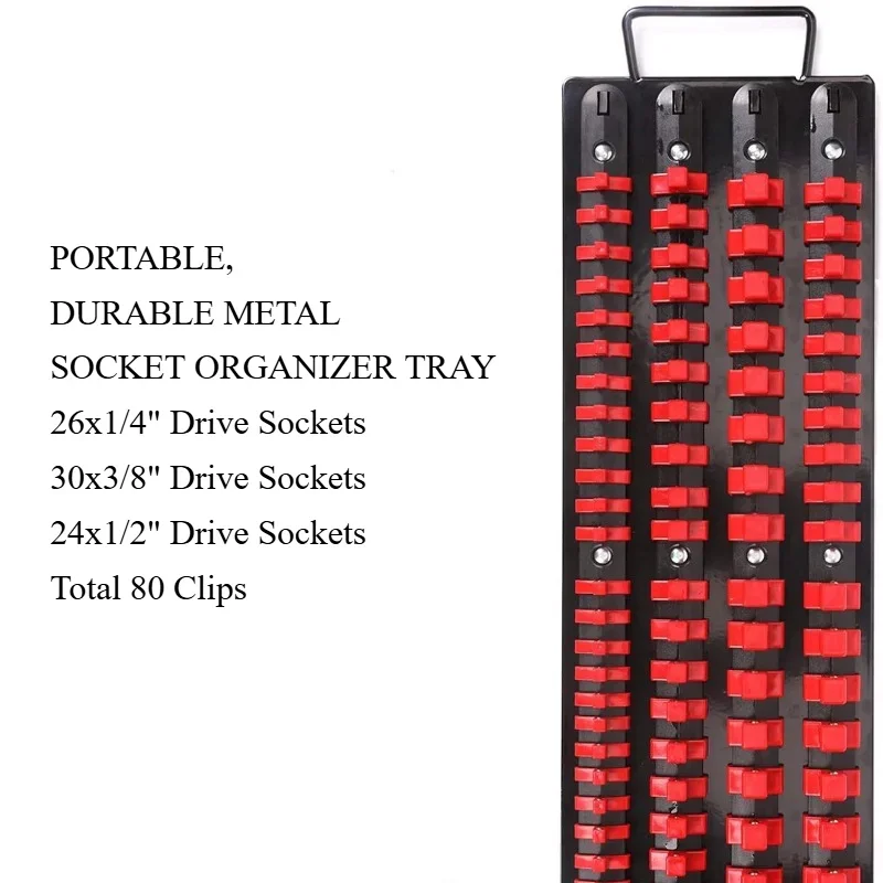 80-Socket Storage Tray Rail Rack Holder Set 1/4 3/8 1/2 Sockets Organize and Store Socket Socket Rack for Medium-Sized Hand Tool