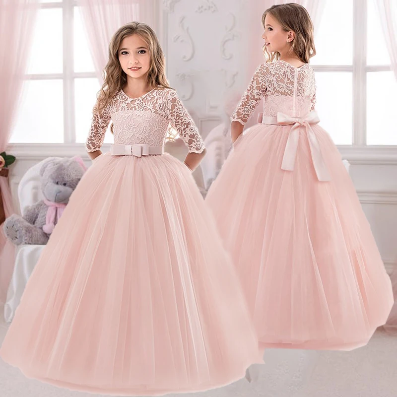 Elegant White Bridemaid Girl Dresses Bow Party Wedding Ball Gown Tulle Princess Dress for Kids First Communion Christmas Costume