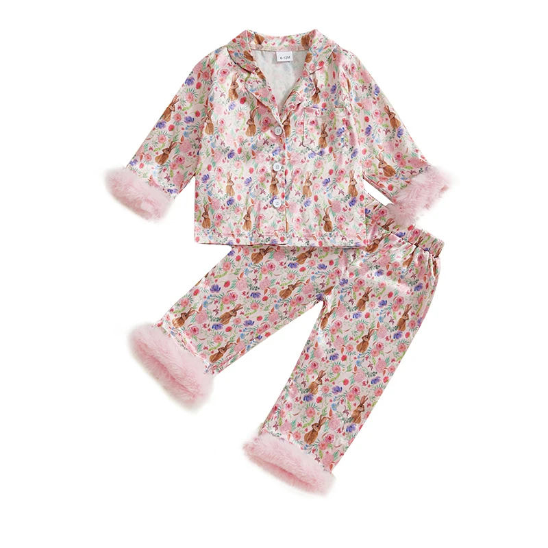 Easter Kids Girls Pajamas Set Rabbit Flower Print Furry Patchwork Long Sleeve Tops with Pants Sleepwear