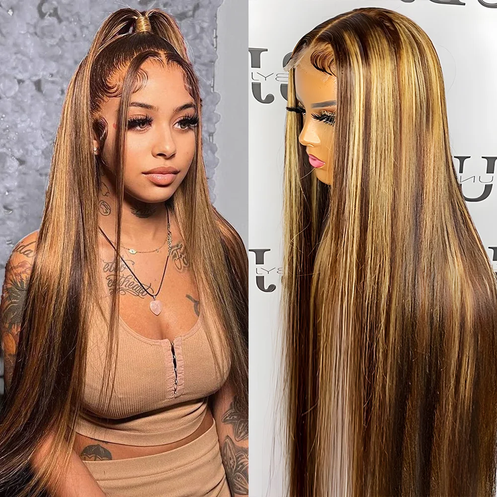 

Highlight 13x6 Lace Frontal Wig Human Hair Transparent Colored Honey Blonde Human Hair Wig Bone Straight Lace Frontal Wigs 5x5